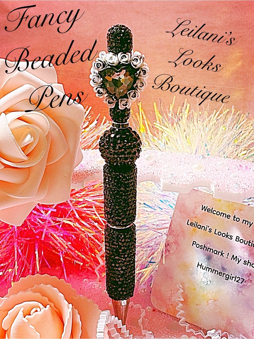 Black Beaded Heart Top Decorative Pen